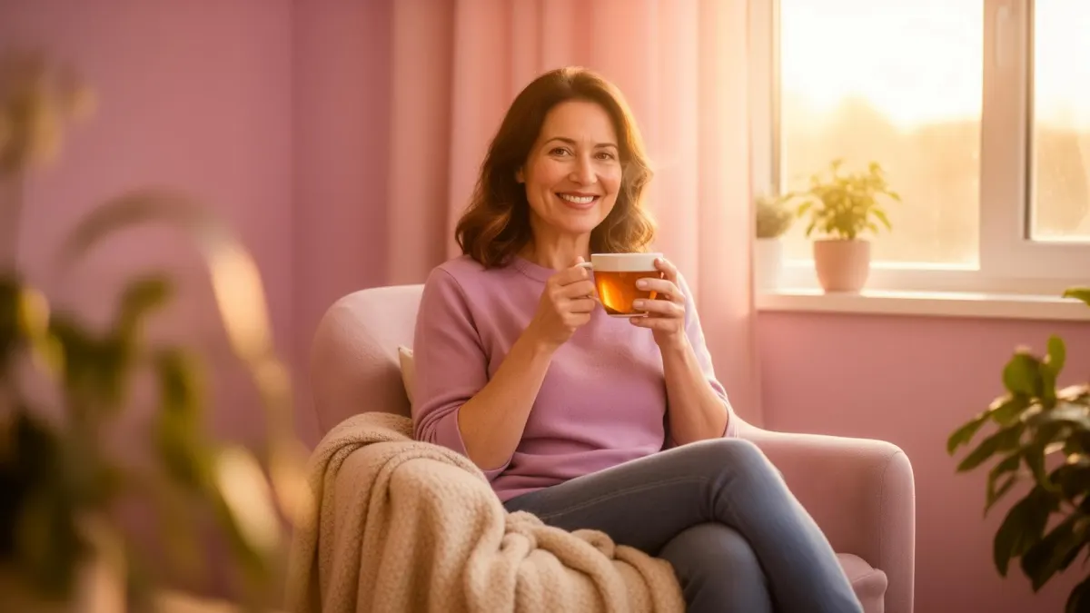 A woman smiling warmly during a telehealth therapy session at home with a cup of tea